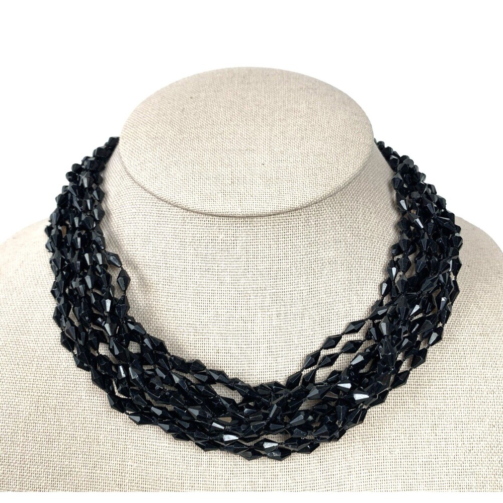 Vintage Black Faceted Bead Multi Strand Necklace Gold Clasp Statement